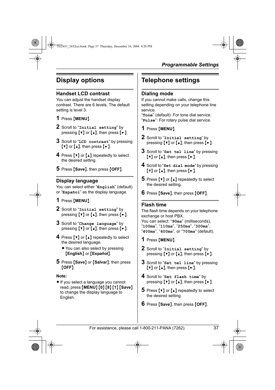 Display options, Telephong settings, Telephone settings | Panasonic KX-TG2432 User Manual | Page 37 / 72