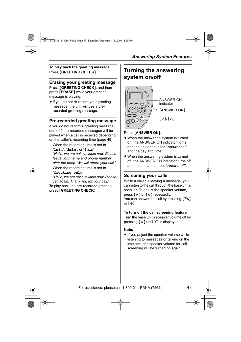 Turning the answering system on / off, Turning the answering system on/off | Panasonic KX-TG2432 User Manual | Page 43 / 72