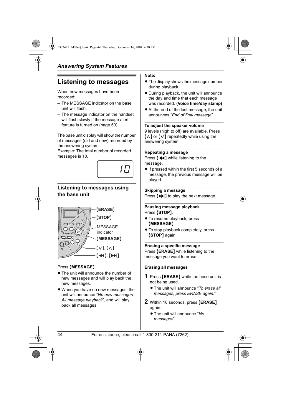 Listening to messages | Panasonic KX-TG2432 User Manual | Page 44 / 72