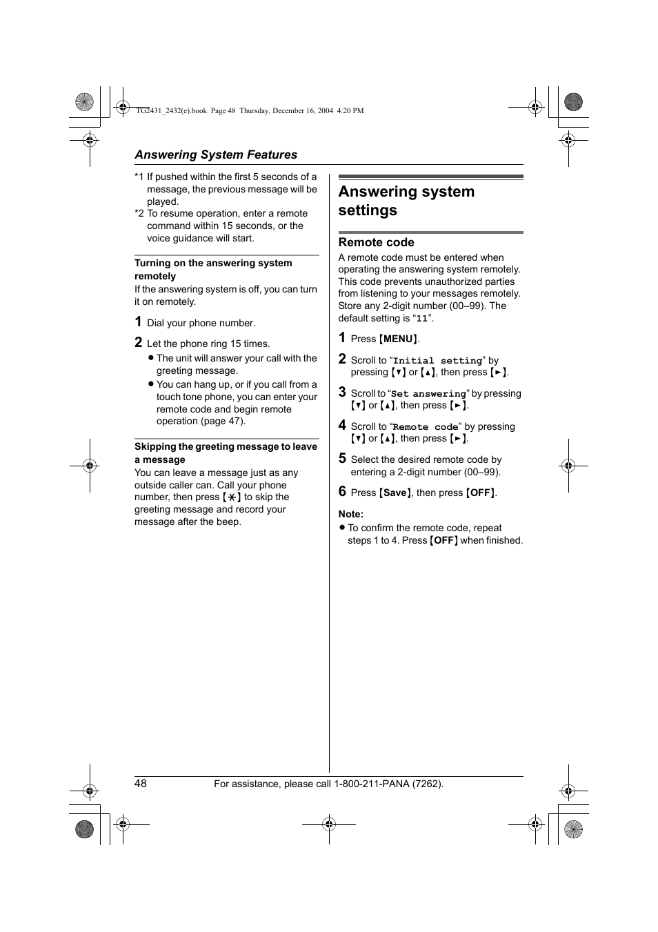 Answering system settings | Panasonic KX-TG2432 User Manual | Page 48 / 72