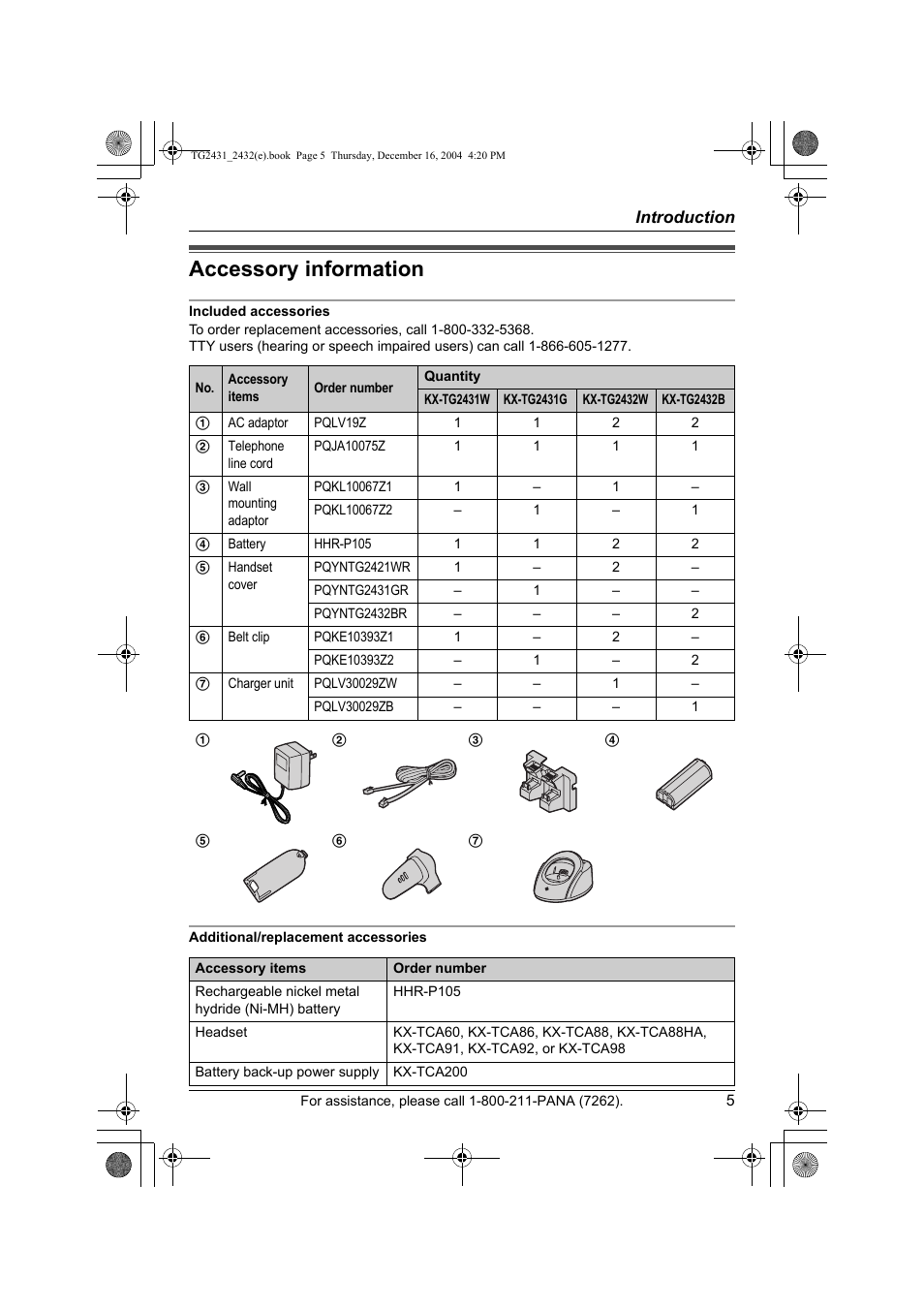 Accessory information | Panasonic KX-TG2432 User Manual | Page 5 / 72