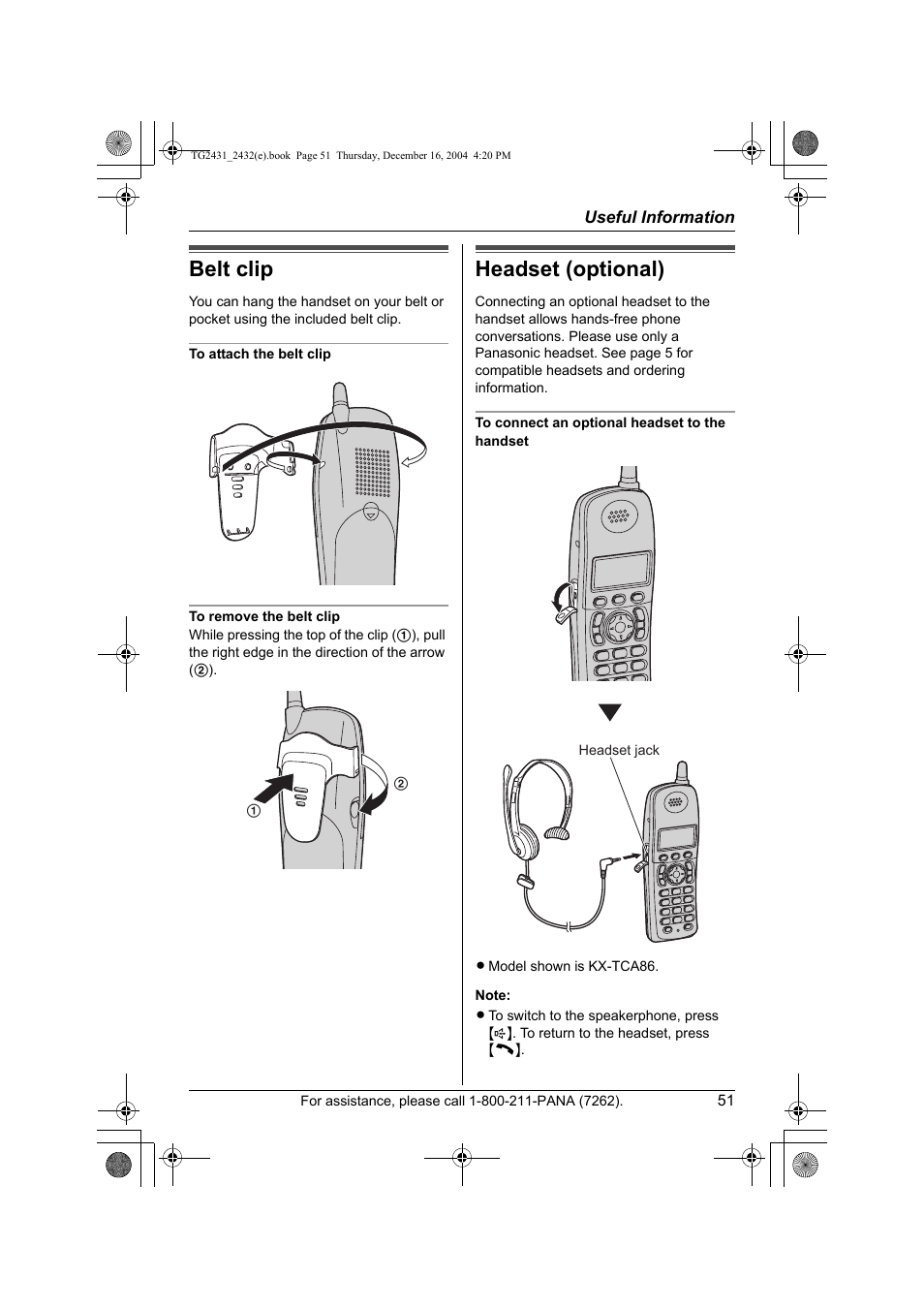 Useful information, Belt clip, Headset (optional) | Panasonic KX-TG2432 User Manual | Page 51 / 72