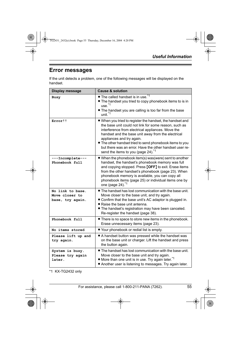 Error messages | Panasonic KX-TG2432 User Manual | Page 55 / 72
