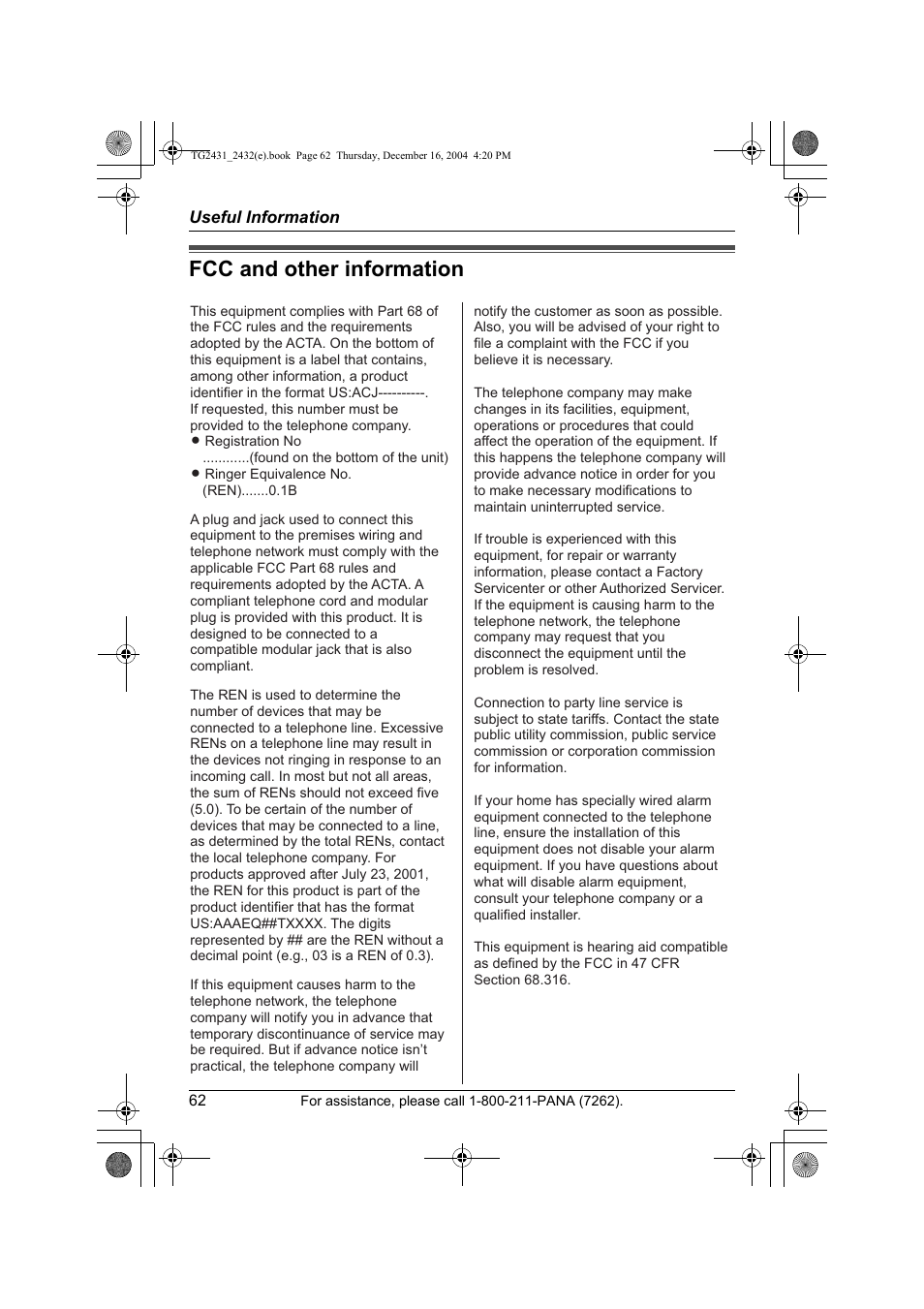 Fcc and other information | Panasonic KX-TG2432 User Manual | Page 62 / 72