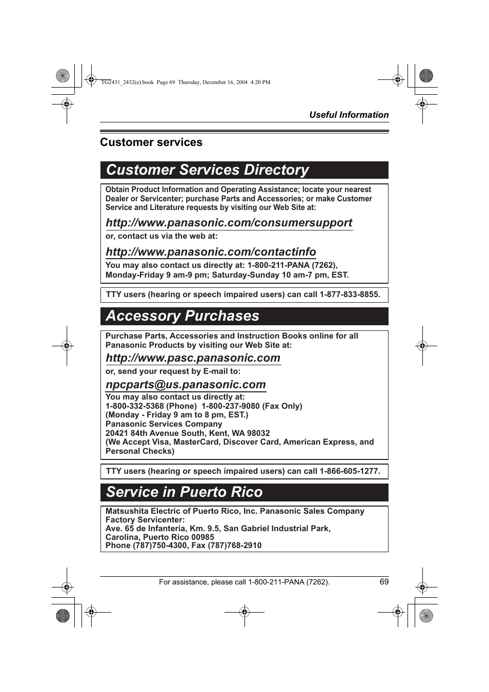 Customer services, Customer services directory, Accessory purchases service in puerto rico | Panasonic KX-TG2432 User Manual | Page 69 / 72