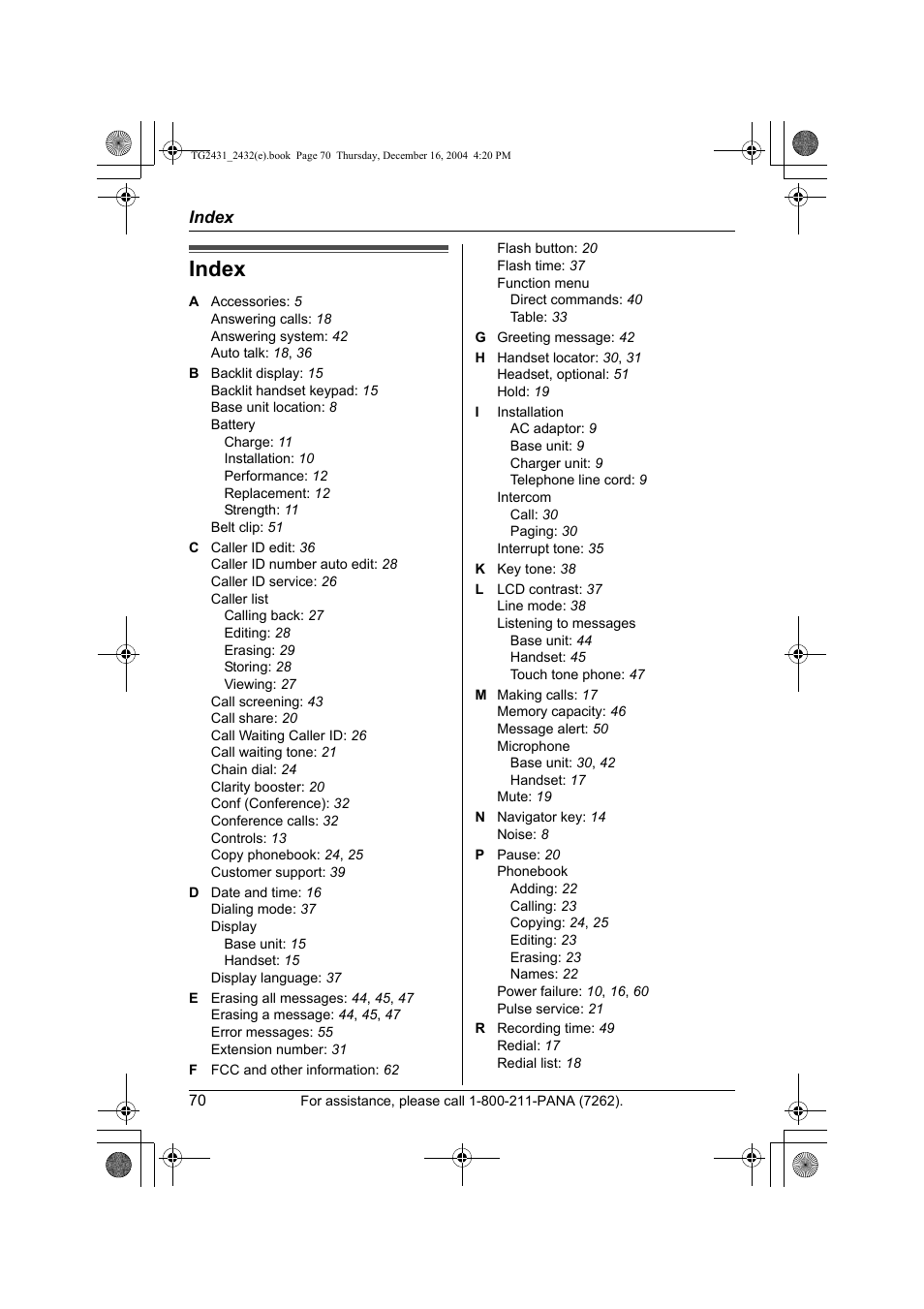 Index | Panasonic KX-TG2432 User Manual | Page 70 / 72