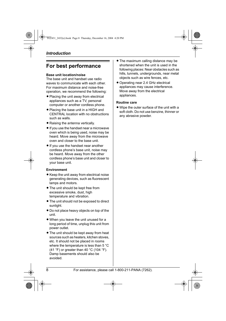 For best performance | Panasonic KX-TG2432 User Manual | Page 8 / 72