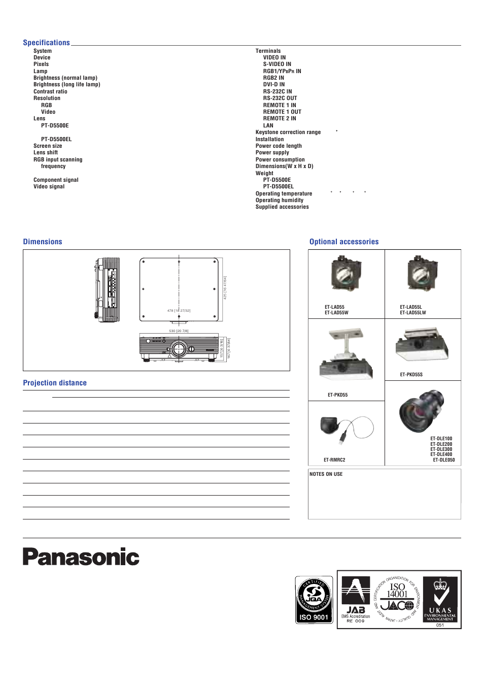 Dimensions optional accessories, Projection distance specifications | Panasonic PT-D5500E User Manual | Page 6 / 6