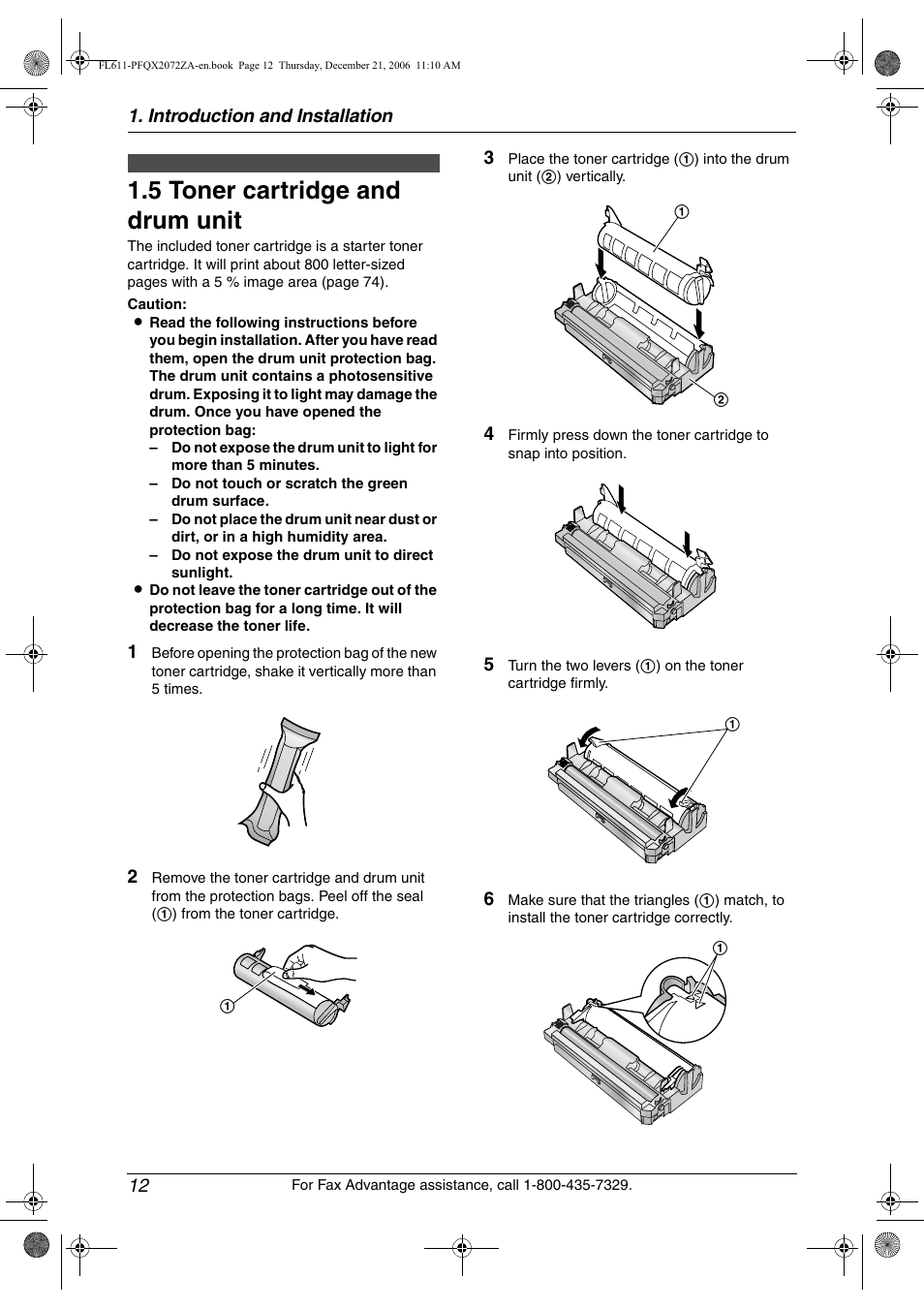 Installation, 5 toner cartridge and drum unit, Toner cartridge and drum unit | 5 toner cartridge and drum unit | Panasonic KX-FL611 User Manual | Page 14 / 86