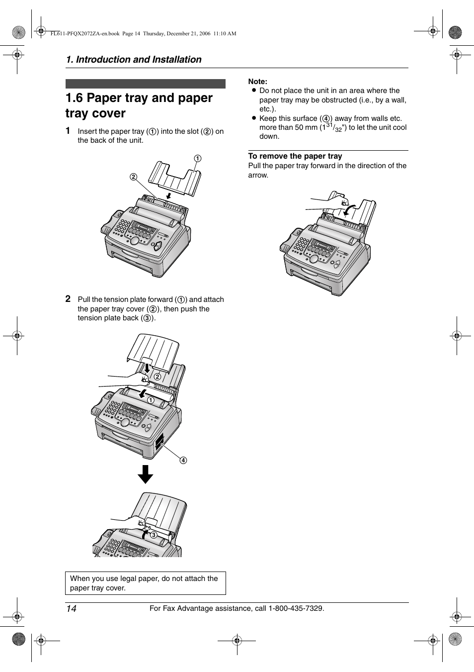 6 paper tray and paper tray cover, Paper tray and paper tray cover, 6 paper tray and paper tray cover | Introduction and installation 14 | Panasonic KX-FL611 User Manual | Page 16 / 86