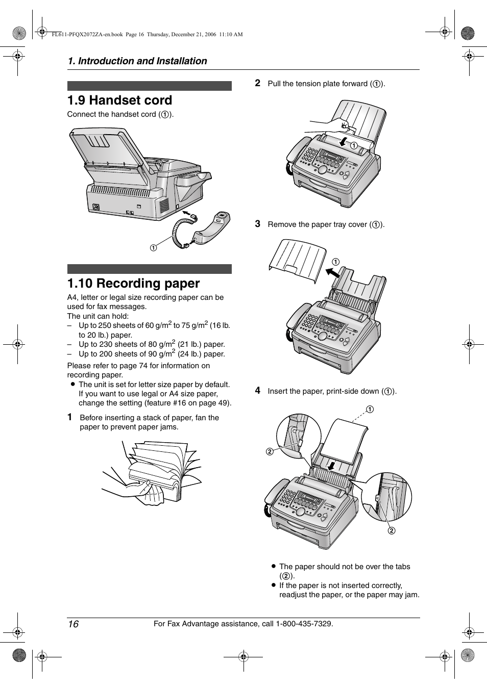 9 handset cord, 10 recording paper, Handset cord | Recording paper, 9 handset cord, 10 recording paper, Introduction and installation 16 | Panasonic KX-FL611 User Manual | Page 18 / 86