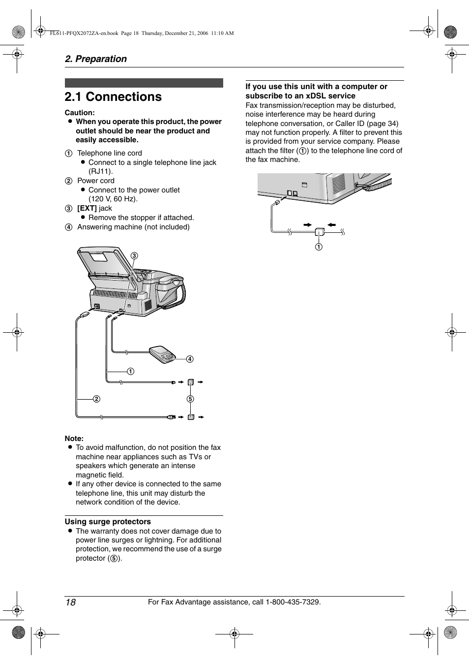 Preparation, Connections and setup, 1 connections | Connections, 1 connections, Preparation 18 | Panasonic KX-FL611 User Manual | Page 20 / 86