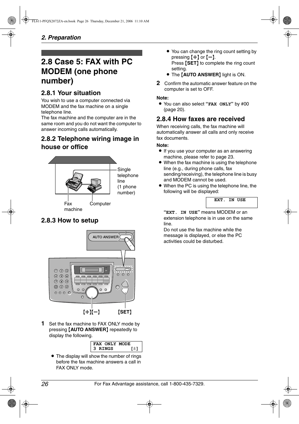 8 case 5: fax with pc modem (one phone number), Case 5: fax with pc modem (one phone number), 8 case 5: fax with pc modem (one phone number) | 1 your situation, 4 how faxes are received | Panasonic KX-FL611 User Manual | Page 28 / 86