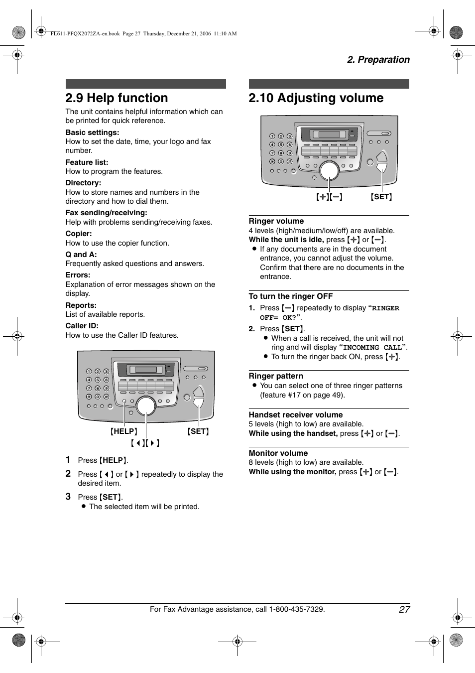 Help button, 9 help function, Volume | 10 adjusting volume, Initial programming, Help function, Adjusting volume, 9 help function, 10 adjusting volume, Preparation 27 | Panasonic KX-FL611 User Manual | Page 29 / 86