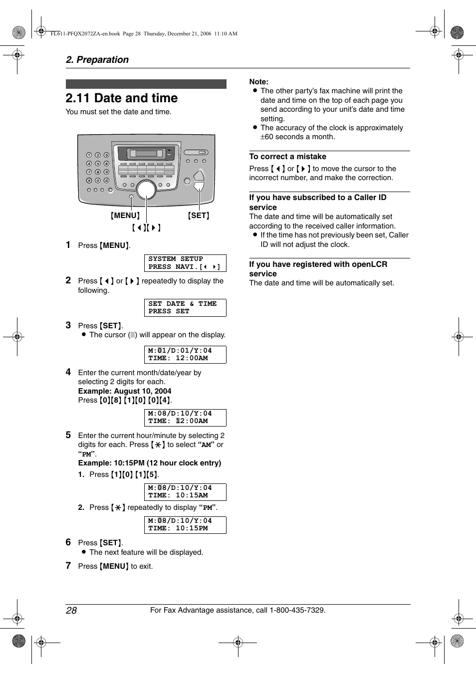 11 date and time, Date and time, 11 date and time | Panasonic KX-FL611 User Manual | Page 30 / 86