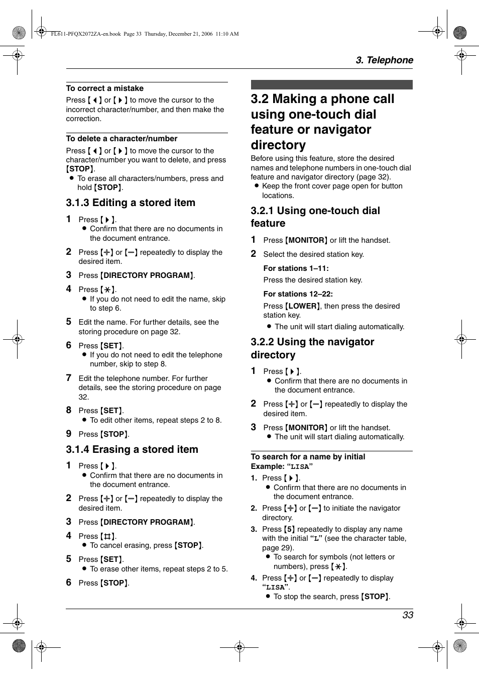 3 editing a stored item, 4 erasing a stored item, 1 using one-touch dial feature | 2 using the navigator directory | Panasonic KX-FL611 User Manual | Page 35 / 86