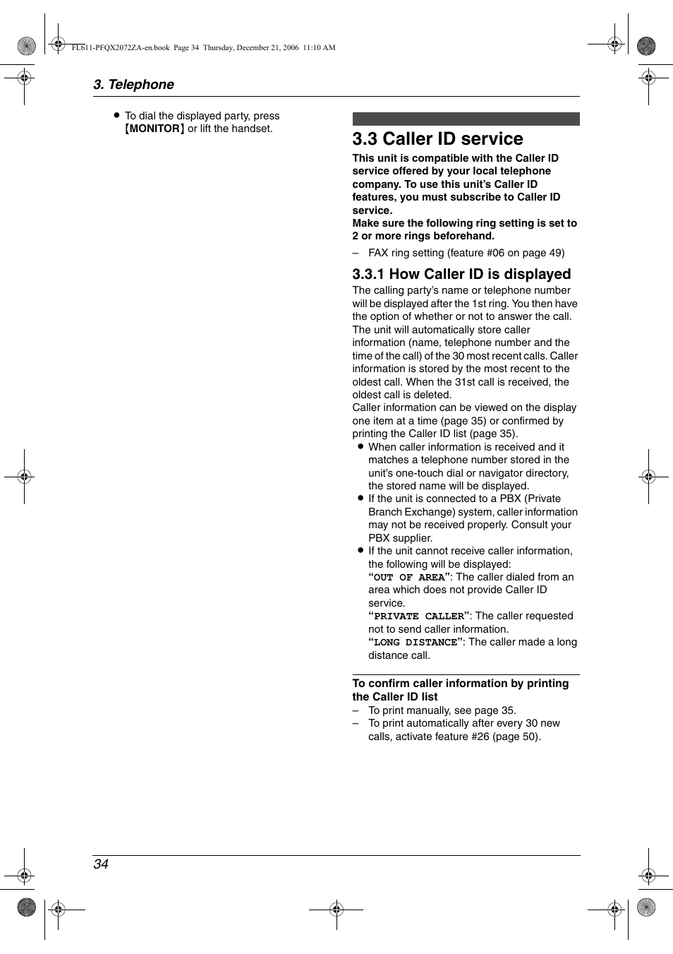 Caller id, 3 caller id service, Caller id service | 3 caller id service, 1 how caller id is displayed, Telephone 34 | Panasonic KX-FL611 User Manual | Page 36 / 86
