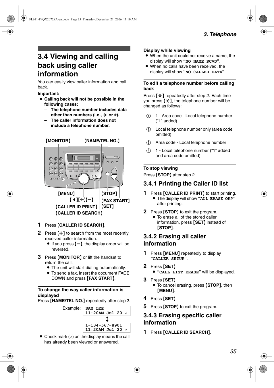 Viewing and calling back using caller information, 1 printing the caller id list, 2 erasing all caller information | 3 erasing specific caller information | Panasonic KX-FL611 User Manual | Page 37 / 86