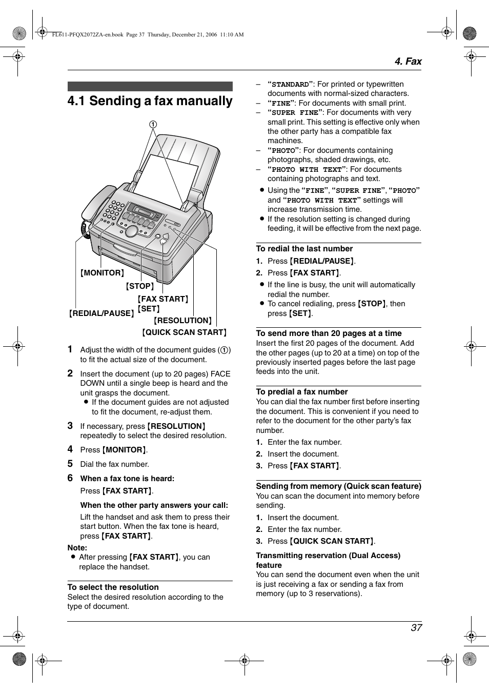 Sending faxes, 1 sending a fax manually, Sending a fax manually | 1 sending a fax manually, Fax 37 | Panasonic KX-FL611 User Manual | Page 39 / 86