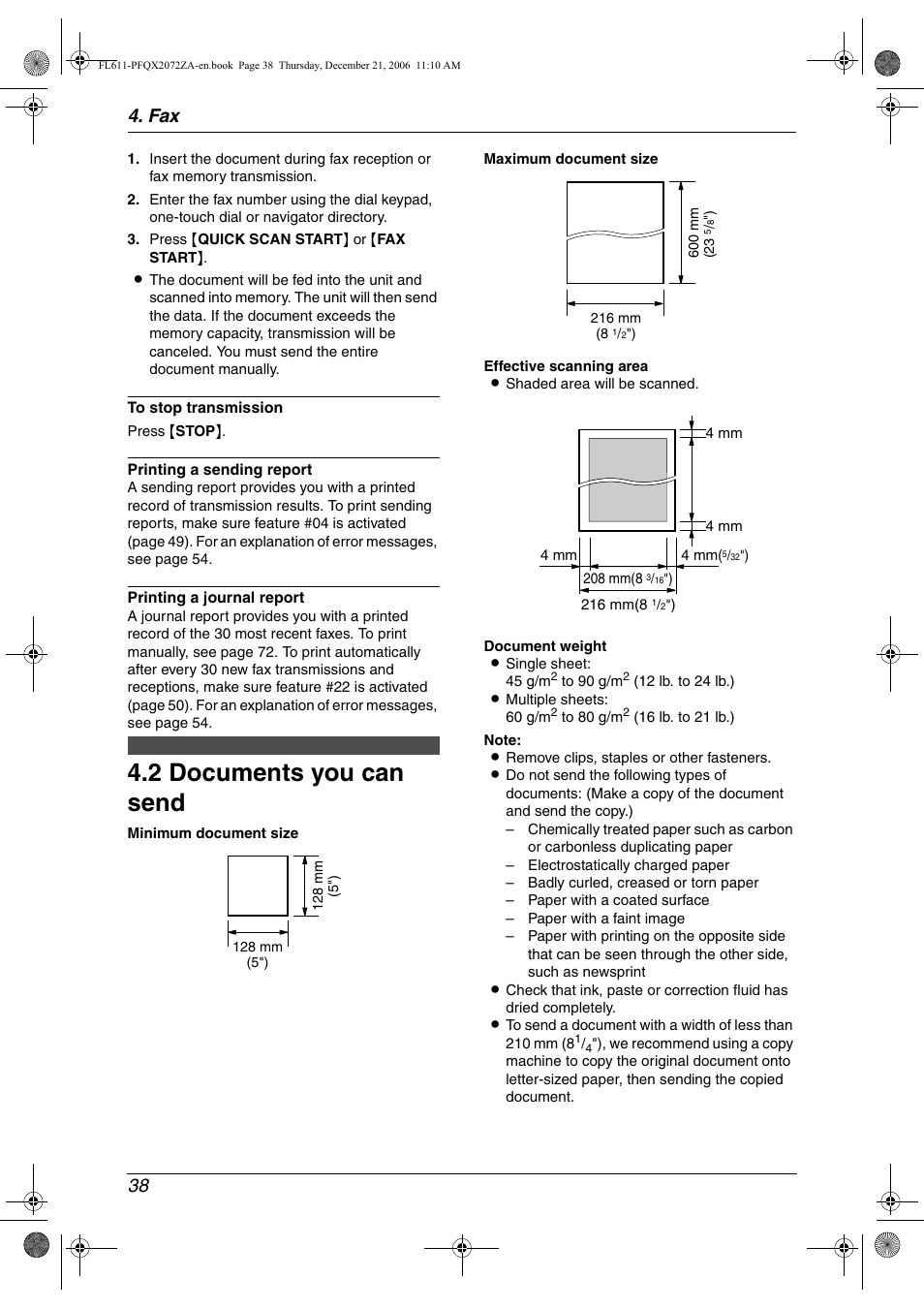 2 documents you can send, Documents you can send, 2 documents you can send | Fax 38 | Panasonic KX-FL611 User Manual | Page 40 / 86