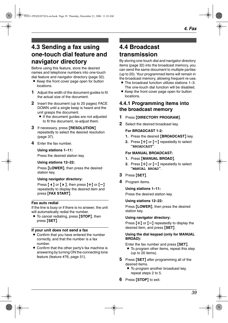 4 broadcast transmission, Broadcast transmission, 4 broadcast transmission | Panasonic KX-FL611 User Manual | Page 41 / 86