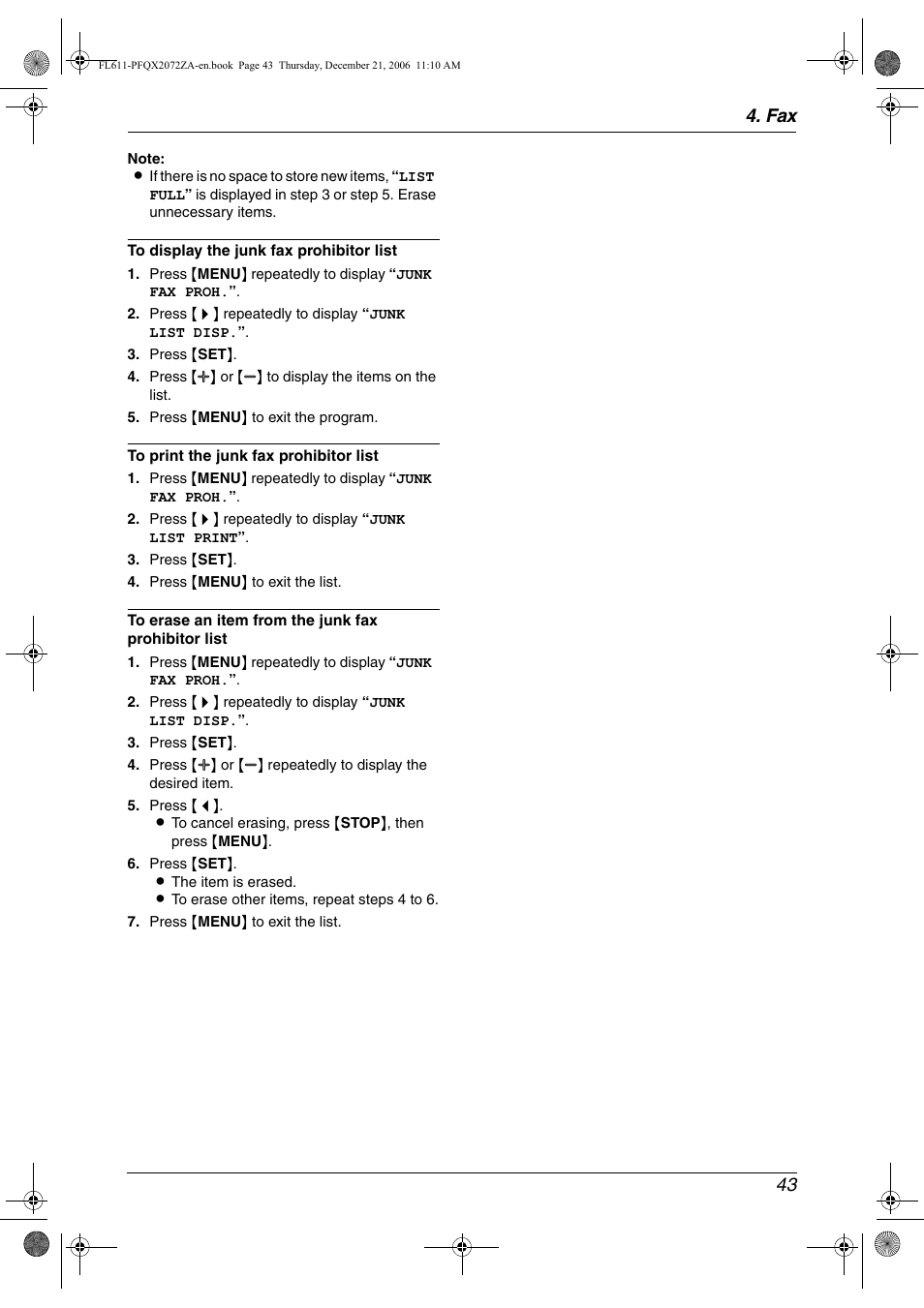 Fax 43 | Panasonic KX-FL611 User Manual | Page 45 / 86