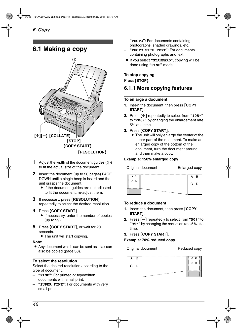 Copy, Copying, 1 making a copy | Making a copy, 1 making a copy, 1 more copying features, Copy 46 | Panasonic KX-FL611 User Manual | Page 48 / 86