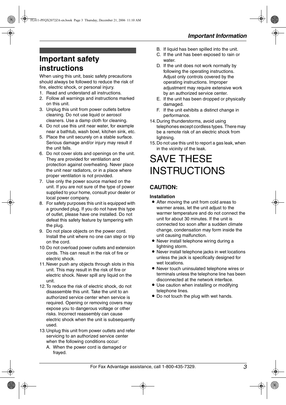 Important information, Safety instructions, Important safety instructions | Save these instructions, Important information 3, Caution | Panasonic KX-FL611 User Manual | Page 5 / 86