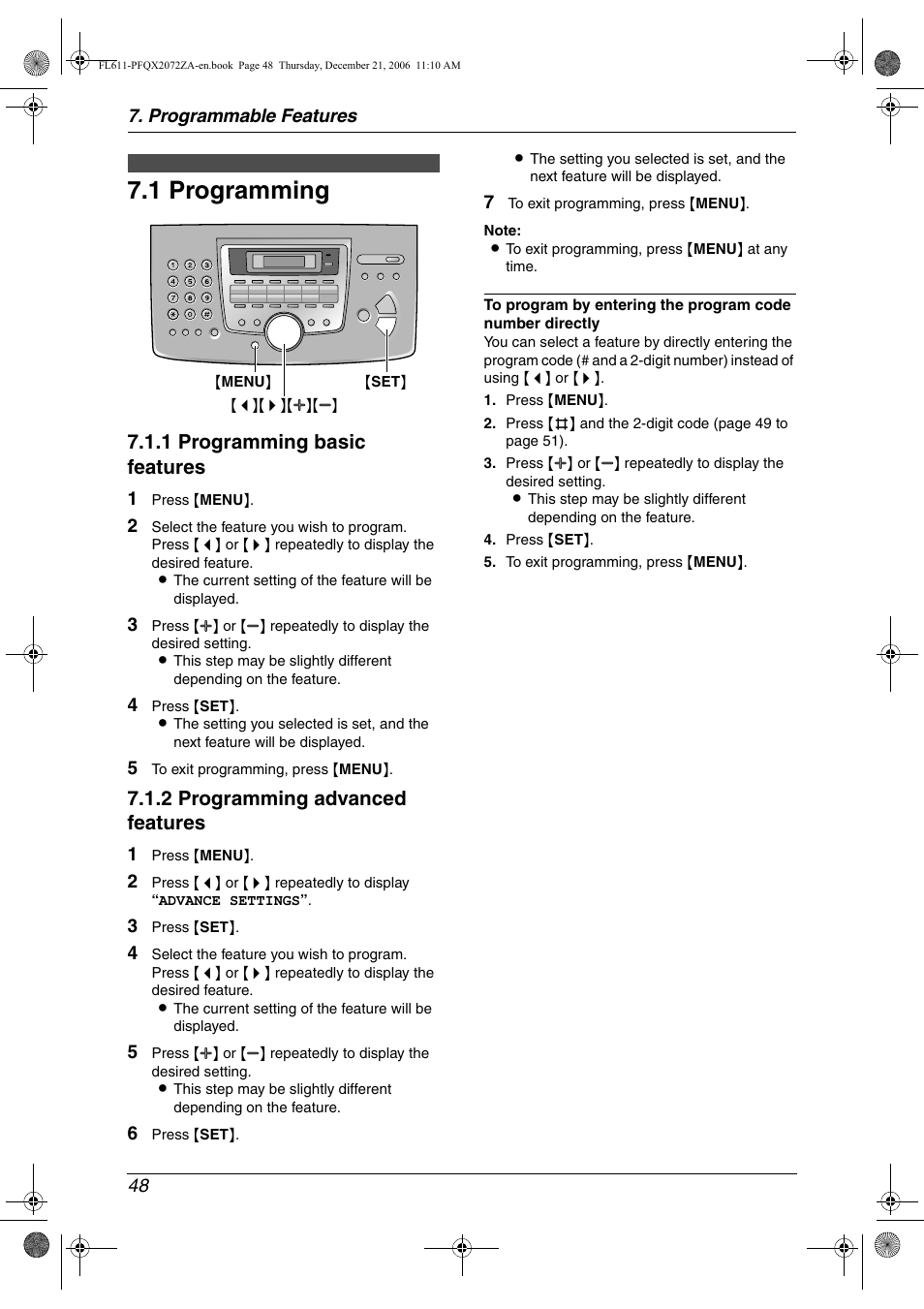 Programmable features, Features summary, 1 programming | Programming, 1 programming, 1 programming basic features, 2 programming advanced features | Panasonic KX-FL611 User Manual | Page 50 / 86