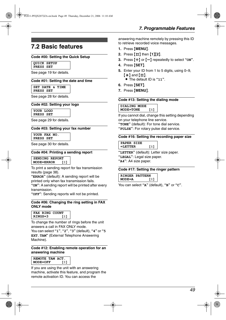 2 basic features, Basic features, 2 basic features | Programmable features 49 | Panasonic KX-FL611 User Manual | Page 51 / 86