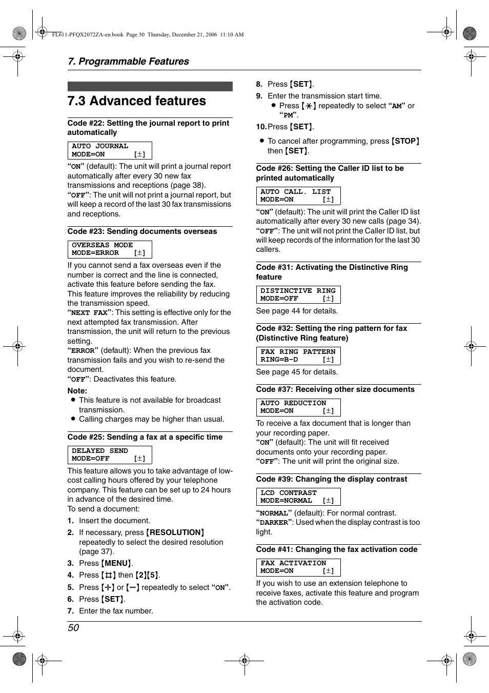3 advanced features, Advanced features, 3 advanced features | Programmable features 50 | Panasonic KX-FL611 User Manual | Page 52 / 86