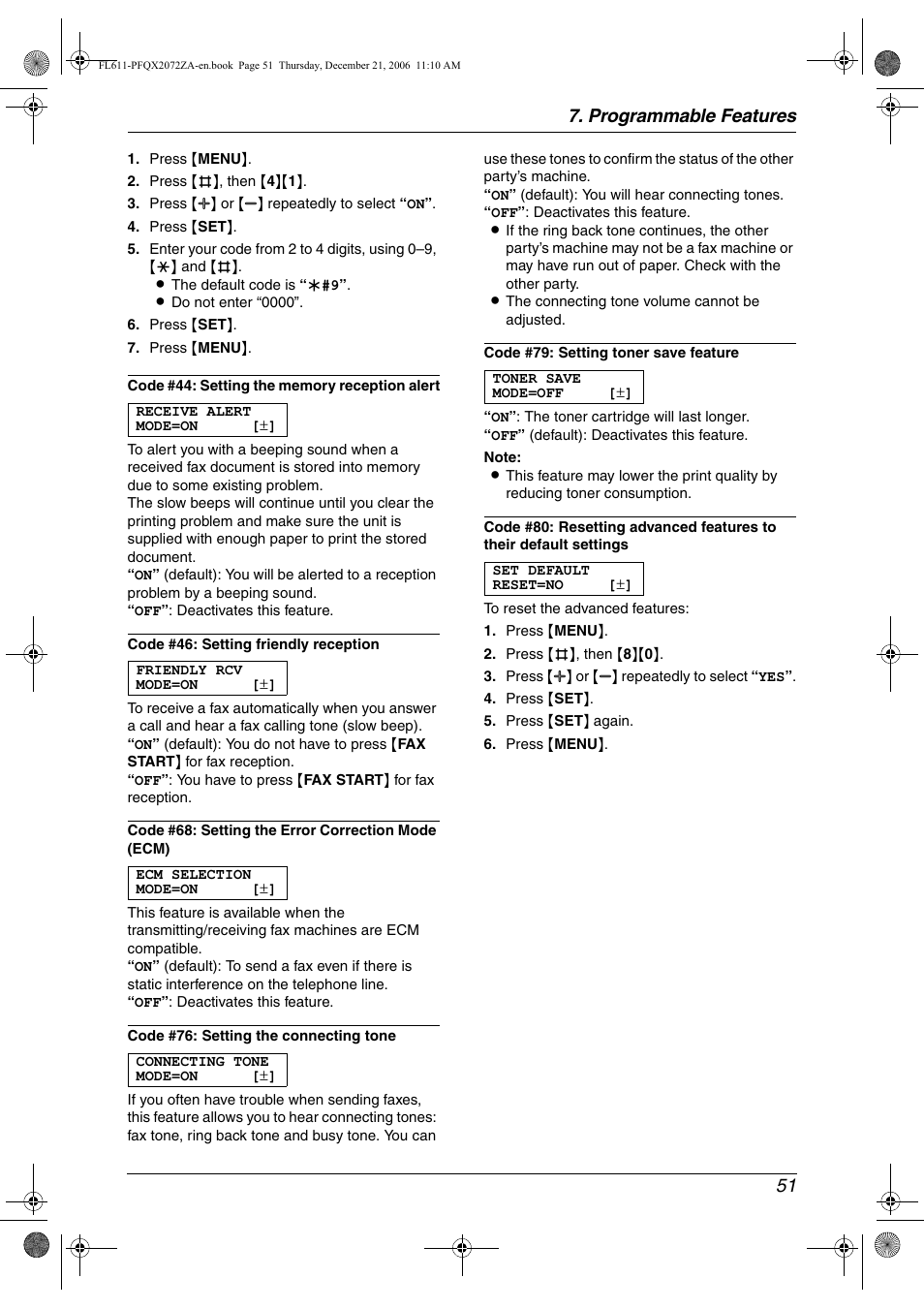 Programmable features 51 | Panasonic KX-FL611 User Manual | Page 53 / 86