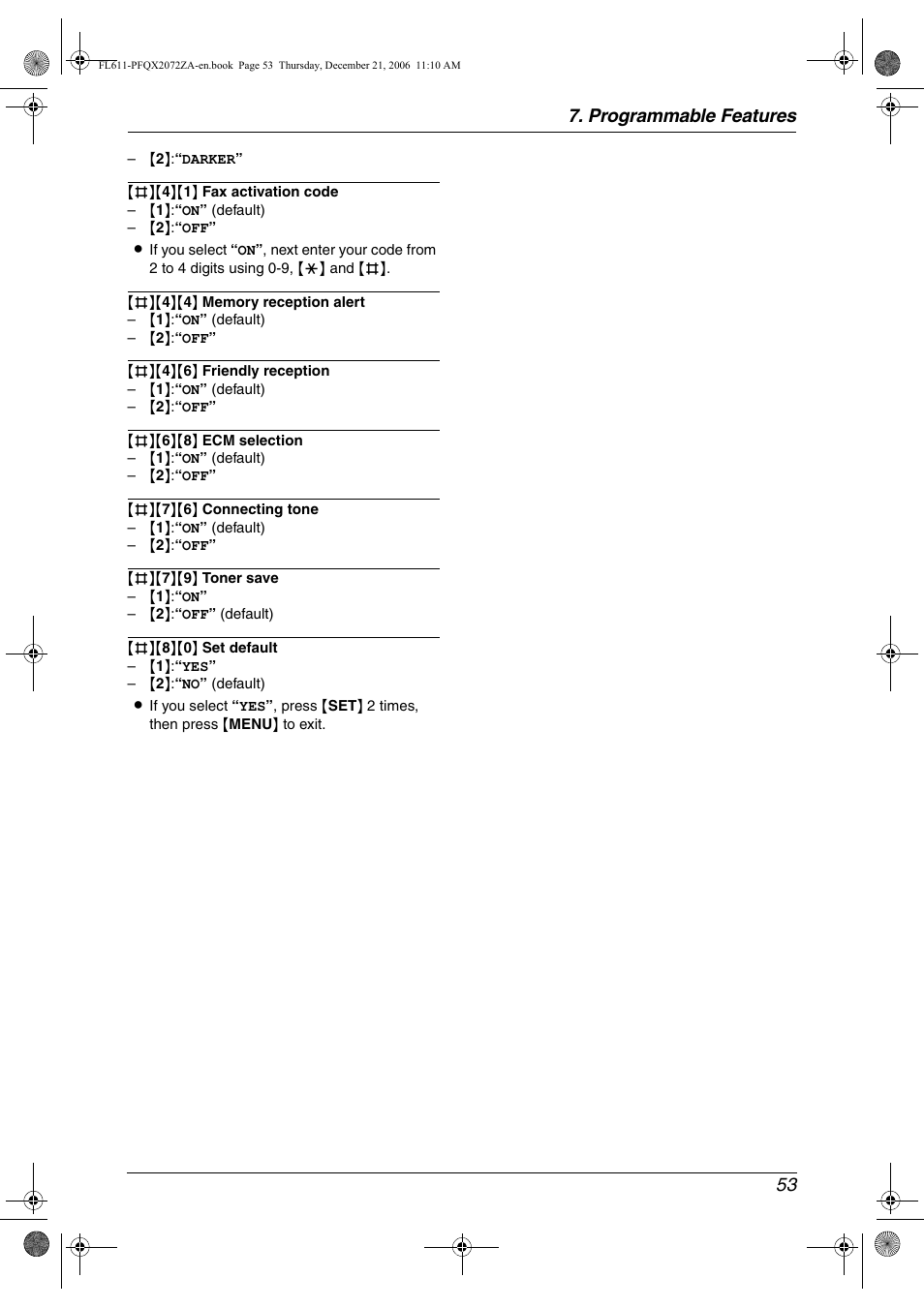 Programmable features 53 | Panasonic KX-FL611 User Manual | Page 55 / 86