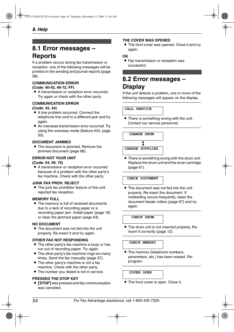 Help, Error messages, 1 error messages – reports | 2 error messages – display, Error messages – reports, Error messages – display, 1 error messages – reports, 2 error messages – display, Help 54 | Panasonic KX-FL611 User Manual | Page 56 / 86