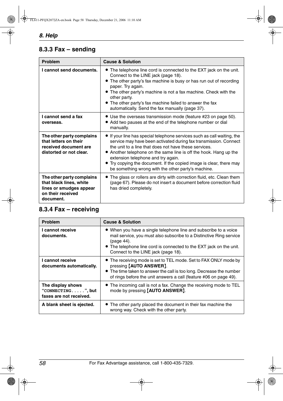 3 fax – sending 8.3.4 fax – receiving, Help 58 | Panasonic KX-FL611 User Manual | Page 60 / 86