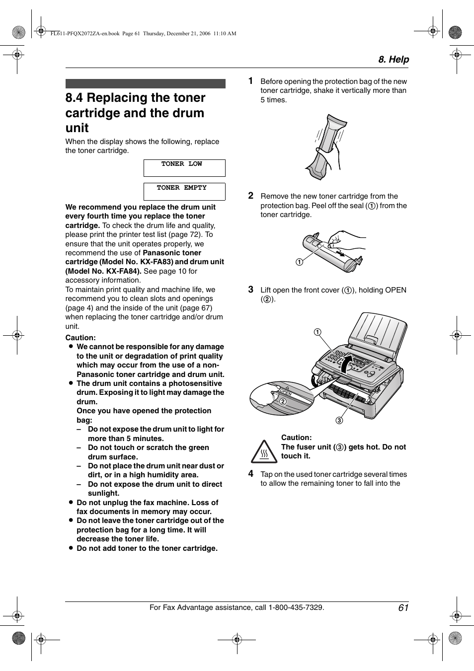 Replacement, 4 replacing the toner cartridge and the drum unit, Replacing the toner cartridge and the drum unit | 4 replacing the toner cartridge and the drum unit, Help 61 | Panasonic KX-FL611 User Manual | Page 63 / 86