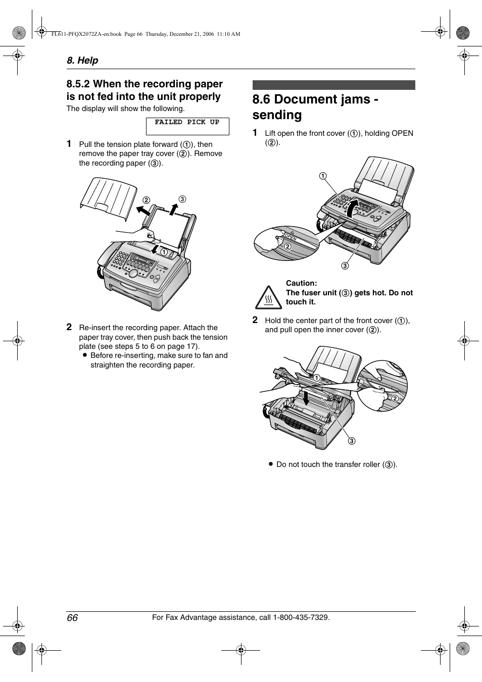 6 document jams - sending, Document jams - sending, 6 document jams - sending | Panasonic KX-FL611 User Manual | Page 68 / 86
