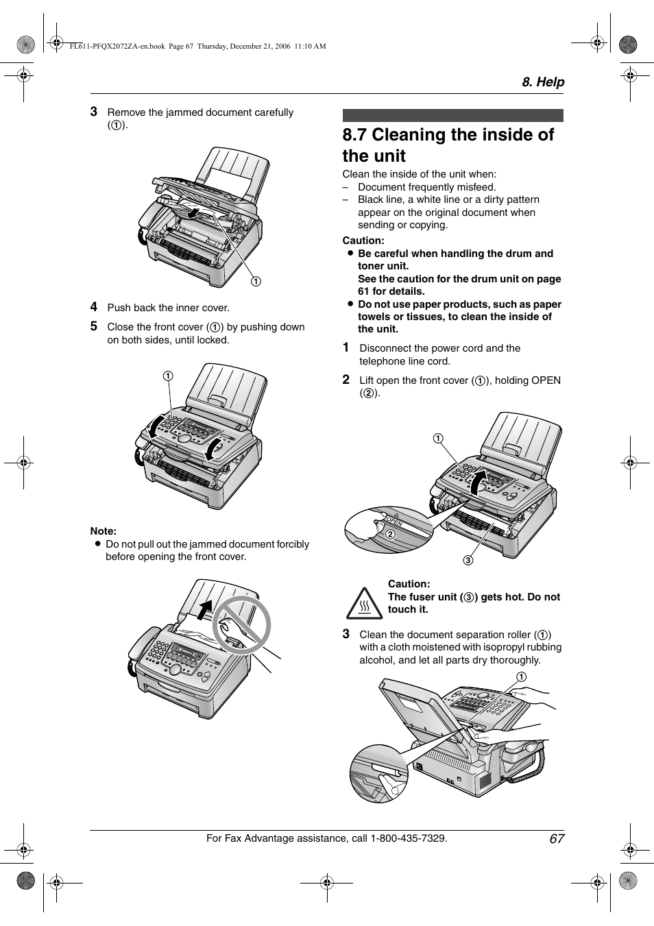 Cleaning, 7 cleaning the inside of the unit, Cleaning the inside of the unit | 7 cleaning the inside of the unit | Panasonic KX-FL611 User Manual | Page 69 / 86