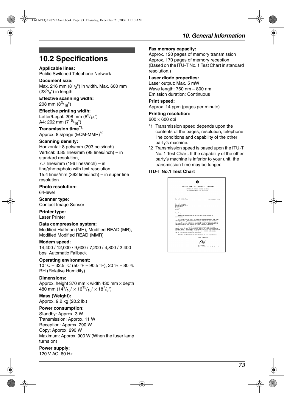 Specifications, 2 specifications, 2 specifications | General information 73 | Panasonic KX-FL611 User Manual | Page 75 / 86