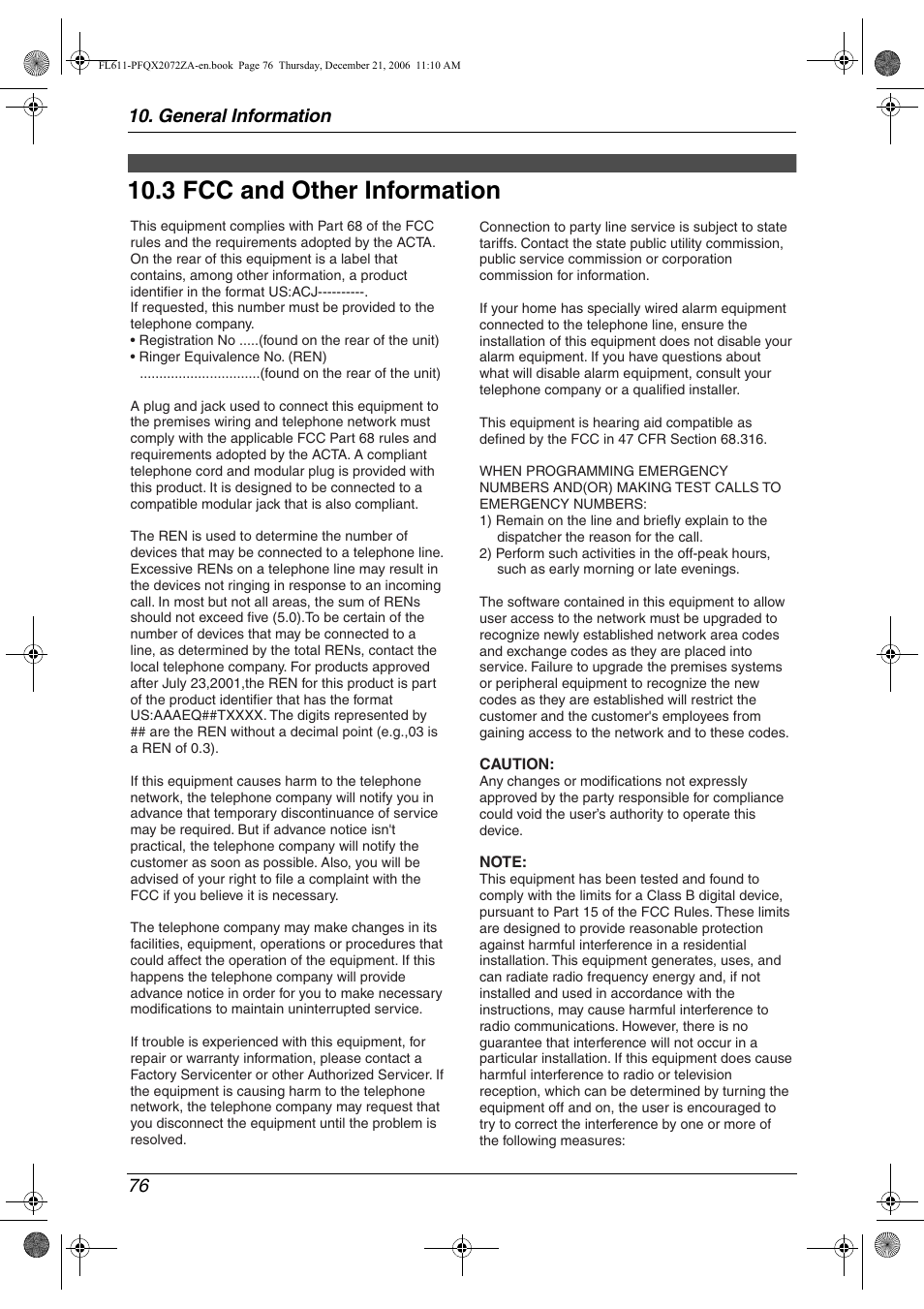 Fcc and other information, 3 fcc and other information, 3 fcc and other information | General information 76 | Panasonic KX-FL611 User Manual | Page 78 / 86
