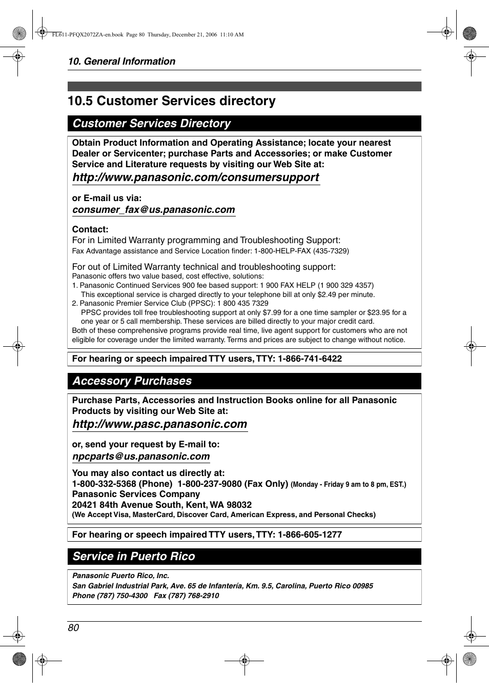 Customer services, 5 customer services directory, Customer services directory | 5 customer services directory, Accessory purchases service in puerto rico | Panasonic KX-FL611 User Manual | Page 82 / 86