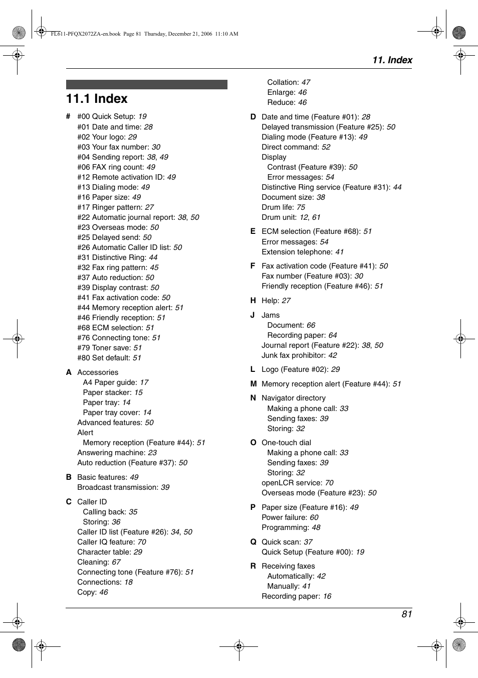 Index, 1 index, Index 81 | Panasonic KX-FL611 User Manual | Page 83 / 86