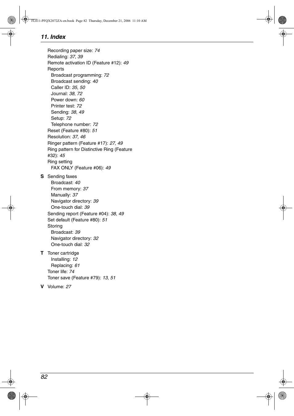 Index 82 | Panasonic KX-FL611 User Manual | Page 84 / 86