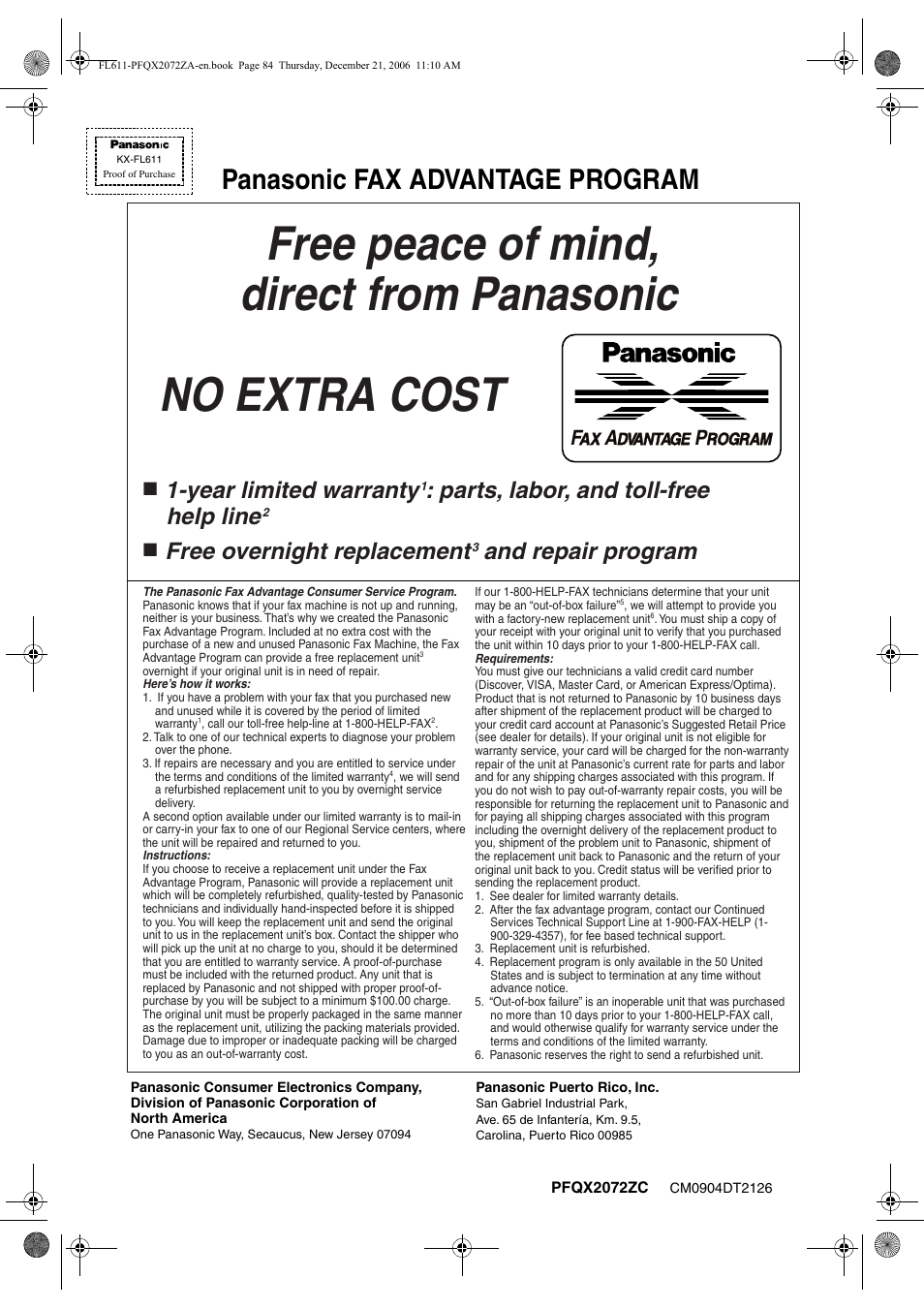 Panasonic fax advantage program, Year limited warranty, Parts, labor, and toll-free help line | Free overnight replacement, And repair program | Panasonic KX-FL611 User Manual | Page 86 / 86