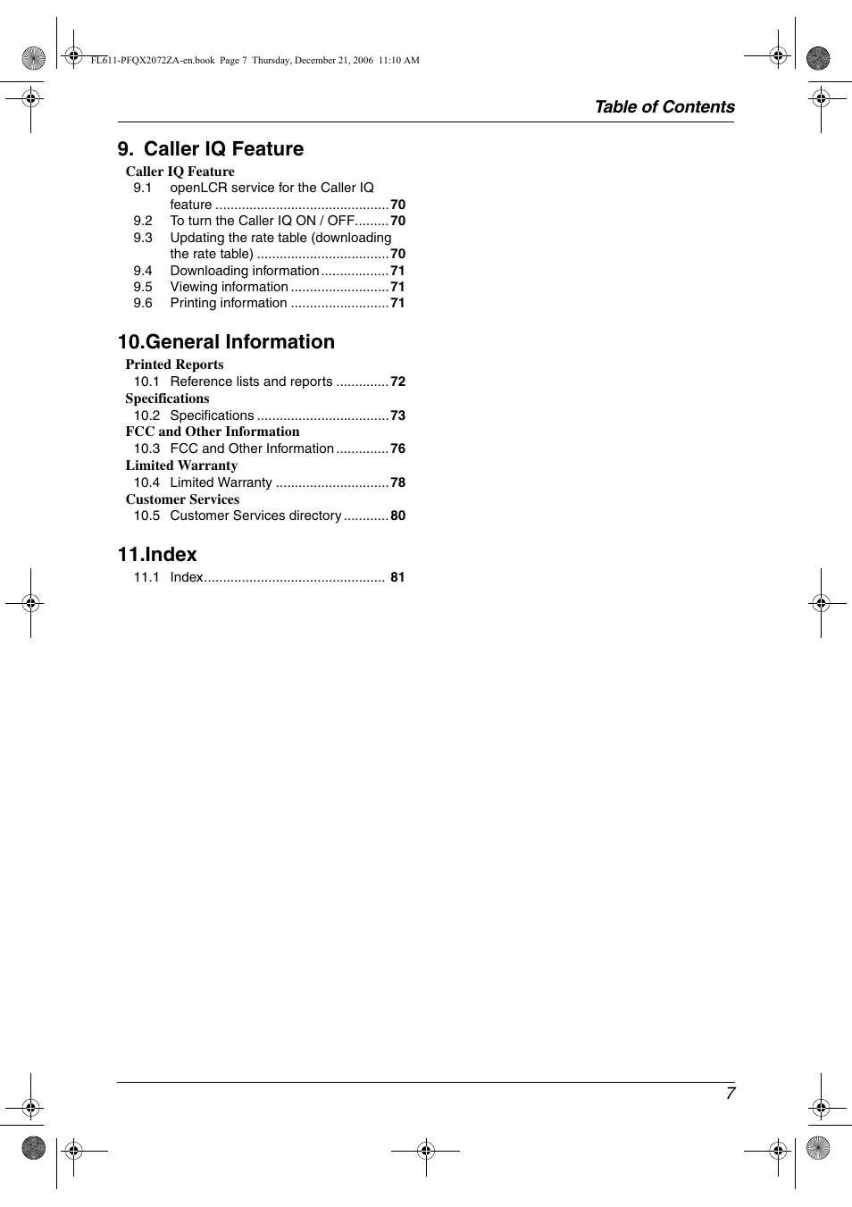 Caller iq feature, General information, Index | Panasonic KX-FL611 User Manual | Page 9 / 86