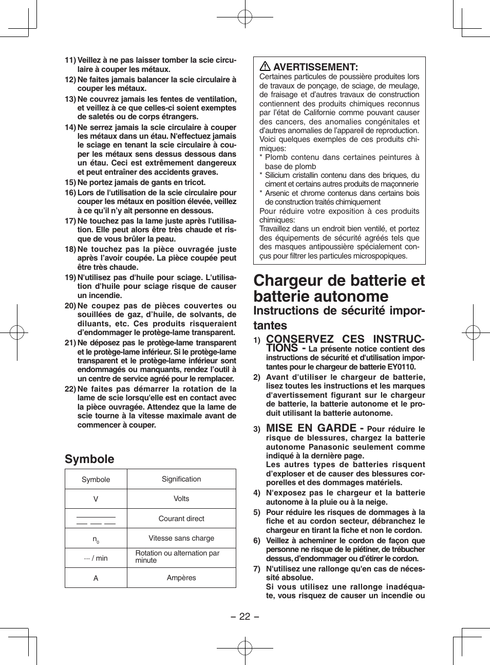 Chargeur de batterie et batterie autonome, Symbole, Instructions de sécurité impor- tantes | Conservez ces instruc- tions, Mise en garde | Panasonic EY3552 User Manual | Page 22 / 48