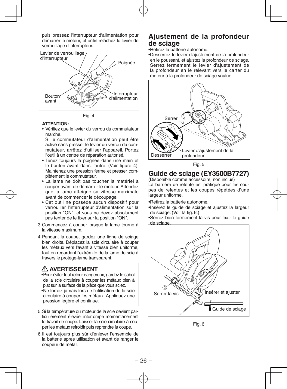 Ajustement de la profondeur de sciage, Avertissement | Panasonic EY3552 User Manual | Page 26 / 48
