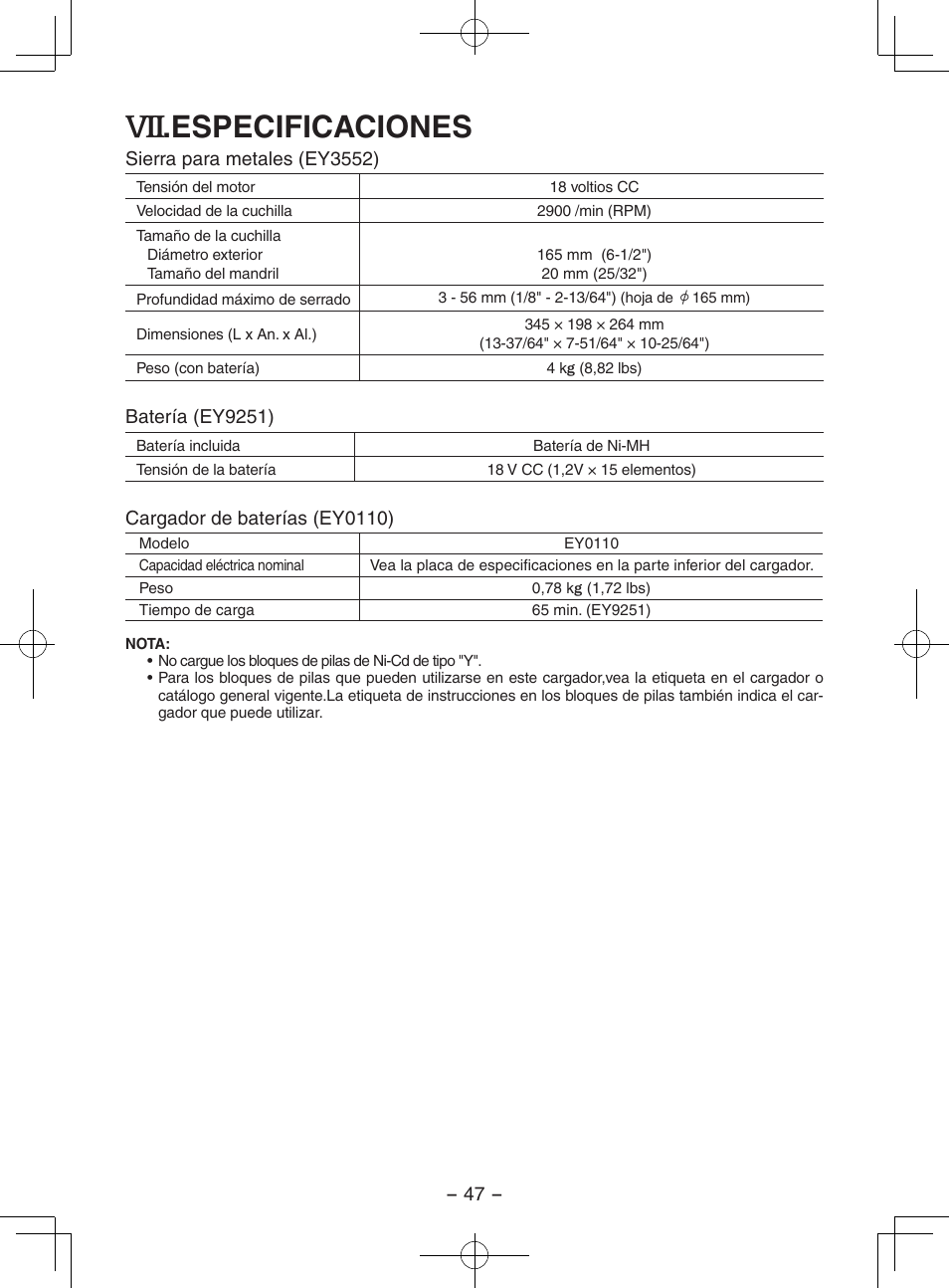 Especificaciones | Panasonic EY3552 User Manual | Page 47 / 48
