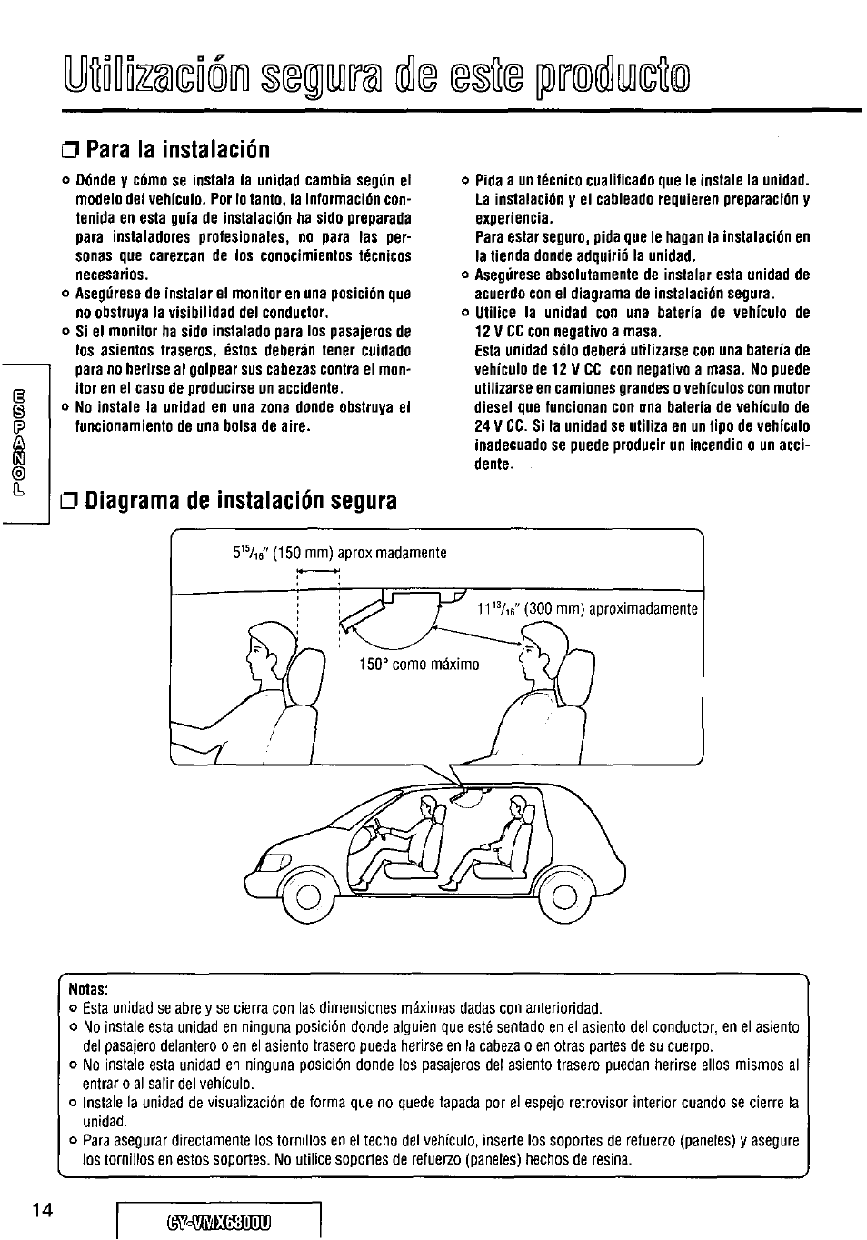 Para la instalación, Diagrama de instalación segura, Notas | X68q0u | Panasonic CY VMX6800U User Manual | Page 14 / 76