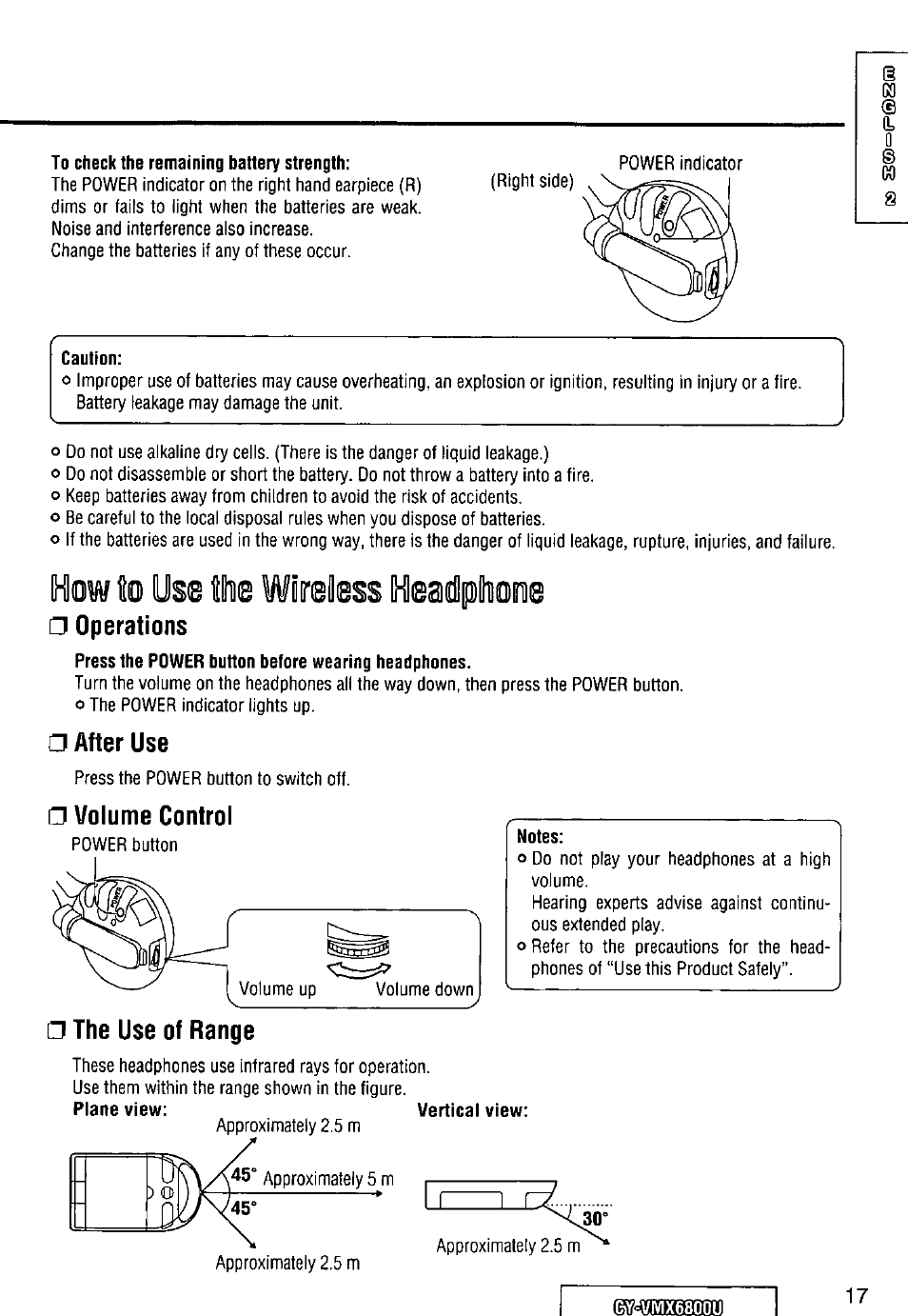 To check the remaining battery strength, Caution, How to us@ the wireless heedpliooe | Operations, After use, Volume control, The use of range | Panasonic CY VMX6800U User Manual | Page 17 / 76